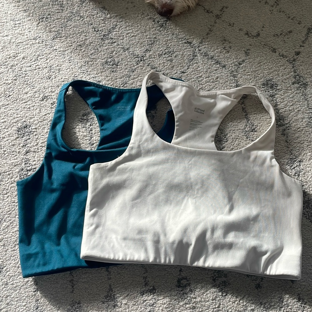 Girlfriend collective Paloma race back sports bras (ivory, moss)